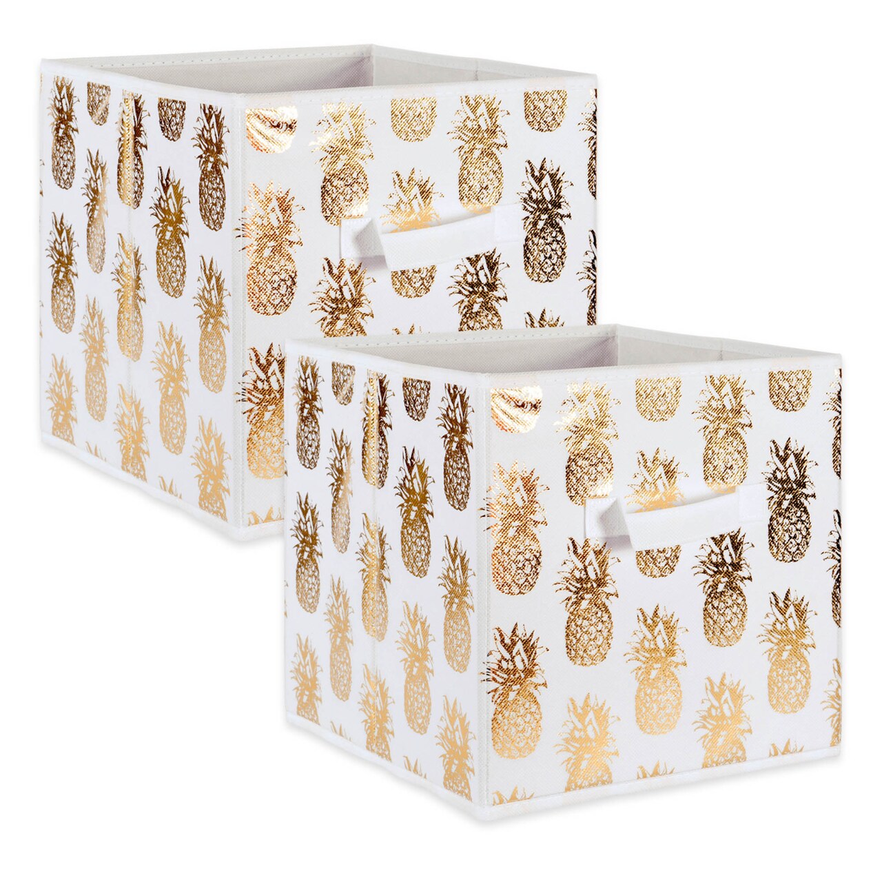 Contemporary Home Living Set of 2 White and Gold Nonwoven Polyester Cube Storage Bin with Pineapple Design 11"